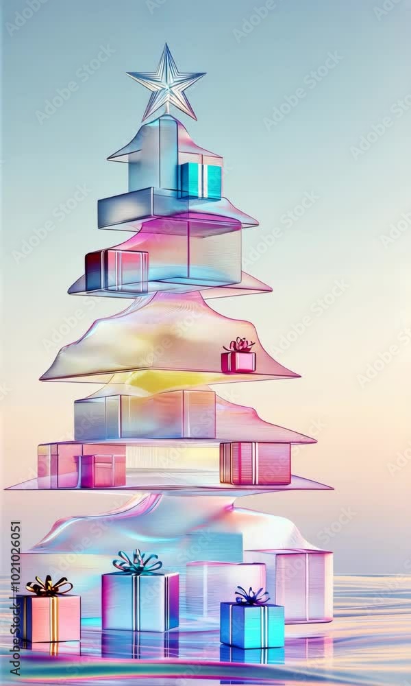 Vibrant glass christmas tree with colorful gift boxes reflecting holiday spirit at sunset, celebrating christmas tree and happy new year Vibrant glass christmas tree with colorful gift boxes reflecting holiday spirit at sunset, celebrating christmas tree and happy new year