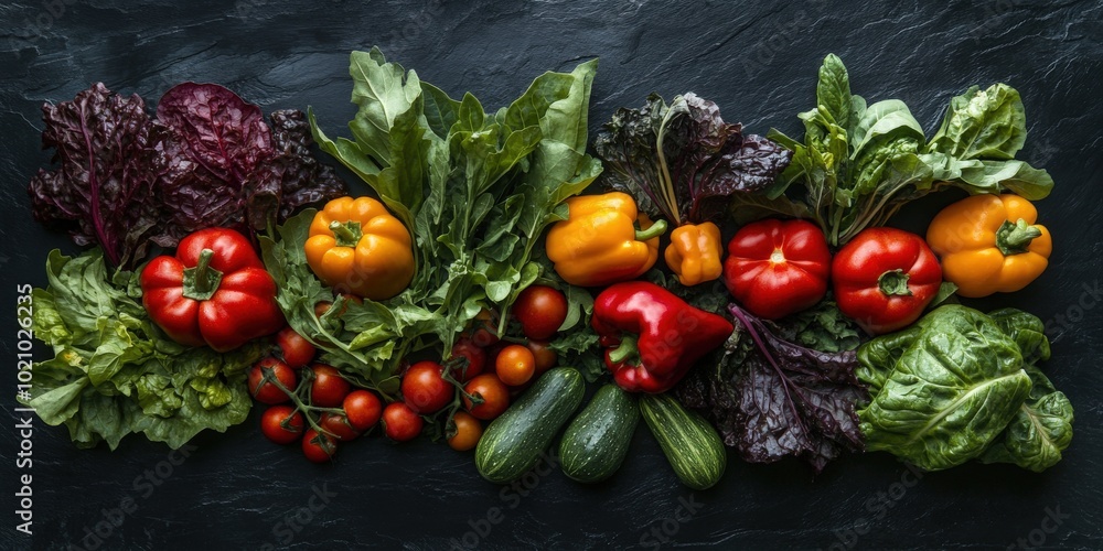 Vibrant array of fresh vegetables on a dark slate surface, showcasing colorful peppers and greens. Vibrant array of fresh vegetables on a dark slate surface, showcasing colorful peppers and greens.