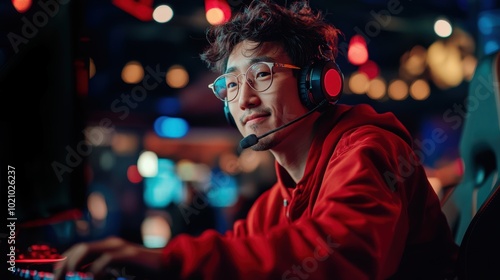 Gamer focused in a vibrant esports arena