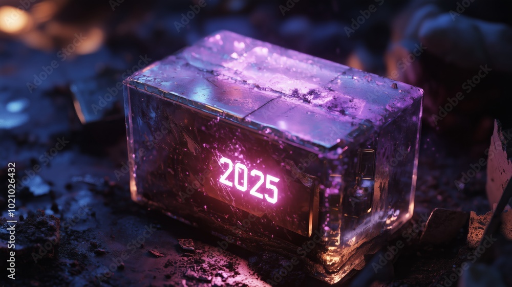 Obraz premium futuristic time capsule made of vibranium, projecting a holographic year 2025, and has specks of dirt from being unearthed recently
