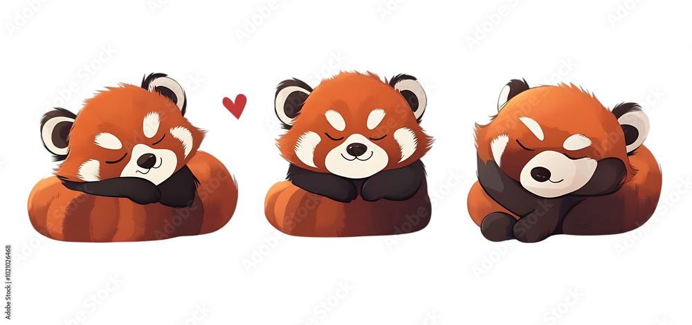 Obraz premium three set of red panda sleeping cartoon isolated transparent background