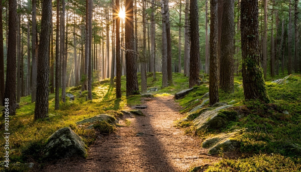Fototapeta premium Sunbeams in a forest path
