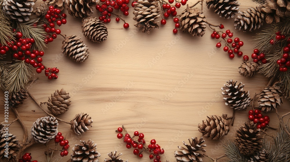 Fototapeta premium Pine cones and red berries framing a light wooden surface with ample copy space in the center for Christmas greetings or seasonal promotions.