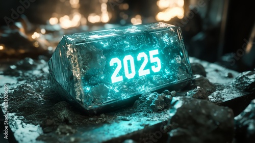 futuristic time capsule made of vibranium, projecting a holographic year 2025, and has specks of dirt from being unearthed recently photo