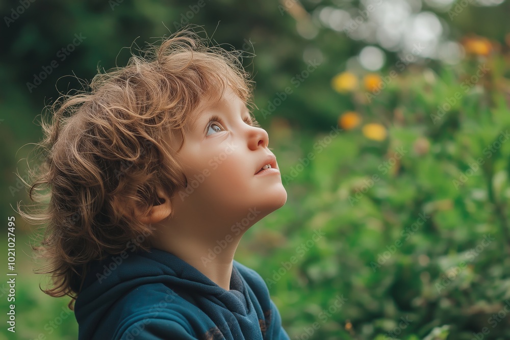 A young child with curly hair looks upward with eyes wide open, full of curiosity amidst the garden greenery. A young child with curly hair looks upward with eyes wide open, full of curiosity amidst the garden greenery.