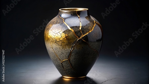 A black and gold ceramic vase with a cracked surface, showcasing intricate gold lines that resemble veins, standing gracefully on a dark background. photo