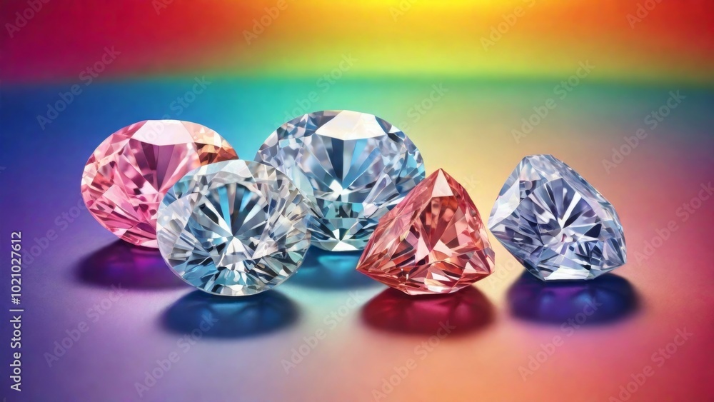 White shiny diamonds in a rainbow light background
White shiny diamonds in a rainbow light background