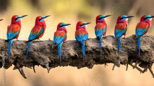 Colorful Southern Carmine bee-eater (Merops nubicoides), a colony of red and blue-winged African birds on the bank of the Zambezi River, Zimbabwe. photo