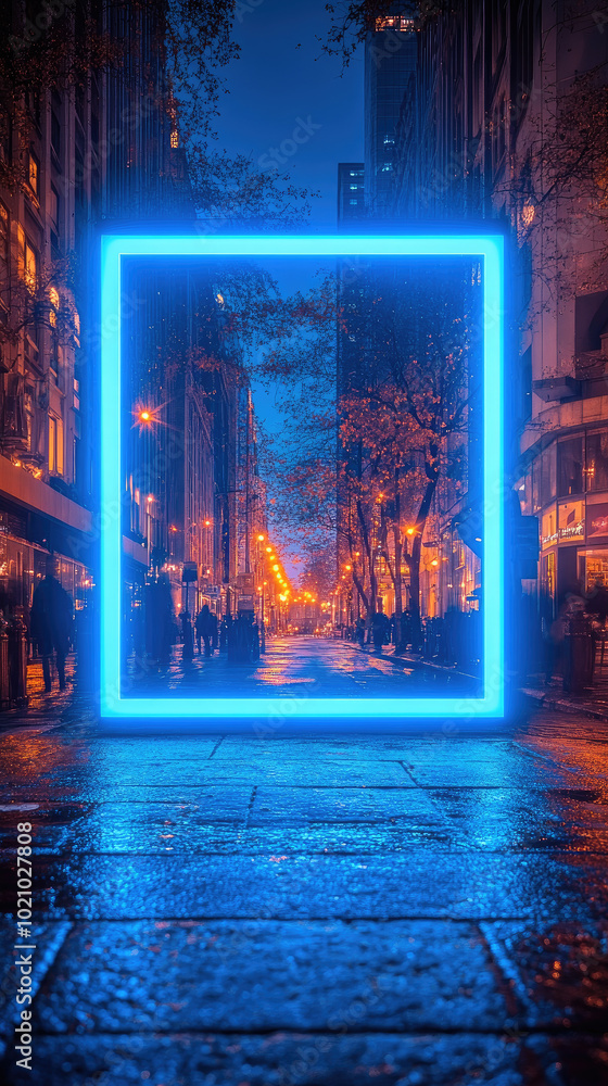 Neon blue square frame in an urban street scene at night, with wet pavement reflecting the lights Neon blue square frame in an urban street scene at night, with wet pavement reflecting the lights