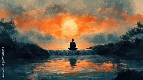 artistic representation of meditation showcasing a serene figure surrounded by calming elements like flowing water soft colors and gentle light evoking tranquility