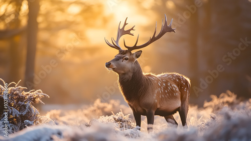 Red Deer in Morning Sun: A red deer in the soft morning light of the sun.