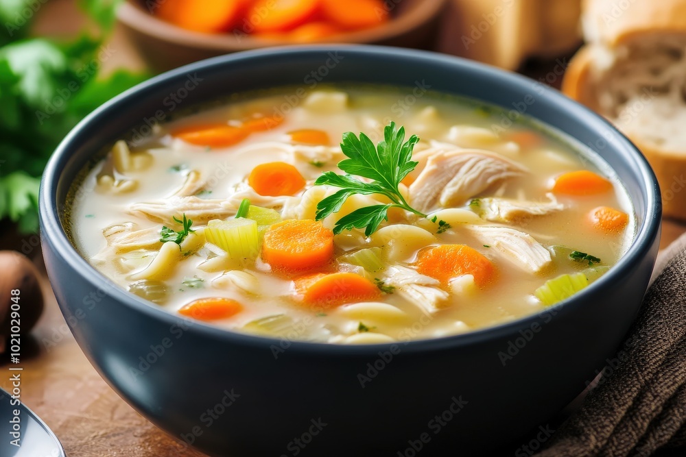 A warm bowl of homemade chicken noodle soup with fresh vegetables and herbs. A warm bowl of homemade chicken noodle soup with fresh vegetables and herbs.