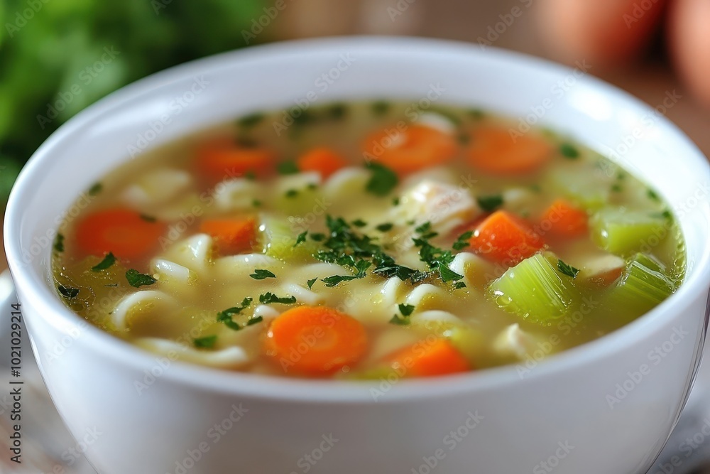 Close-up of a bowl of hearty chicken noodle soup with vegetables. Close-up of a bowl of hearty chicken noodle soup with vegetables.