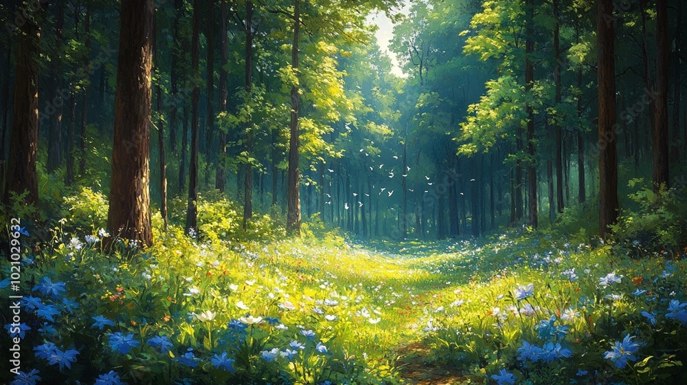 a Spring forest with a rich array of green foliage and early-blooming flowers. a Spring forest with a rich array of green foliage and early-blooming flowers.