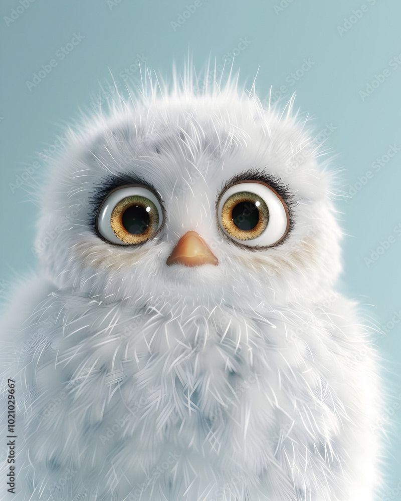 Obraz premium 3D-rendered bird hatchling with big, adorable eyes, showing a cute expression on a solid teal background with soft lighting.