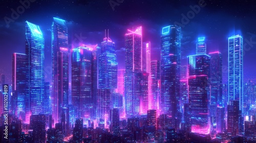 Wallpaper Mural Futuristic Neon Cityscape, a vibrant metropolis illuminated by neon lights, showcasing towering high-rises and a panoramic view of a dazzling urban night scene. Torontodigital.ca