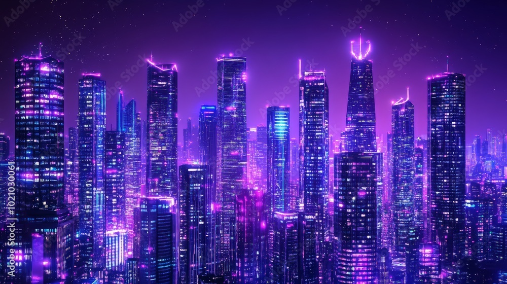 Obraz premium Futuristic Neon Metropolis, a vibrant panorama showcasing a sprawling city skyline illuminated by brilliant neon lights, towering high-rises, and a dynamic urban atmosphere.