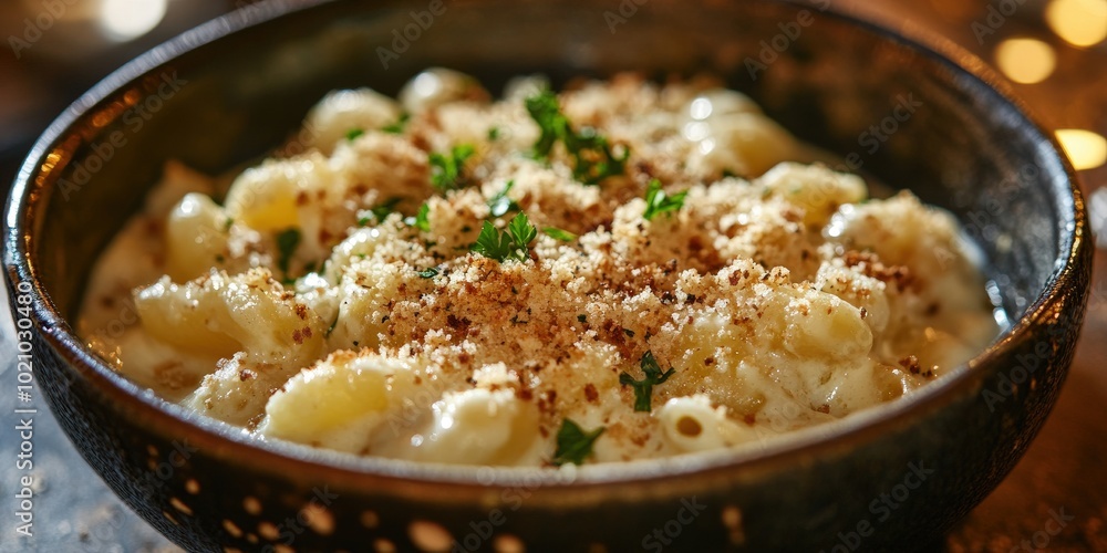 Close-up of creamy macaroni and cheese with breadcrumb topping in a rustic bowl. Close-up of creamy macaroni and cheese with breadcrumb topping in a rustic bowl.