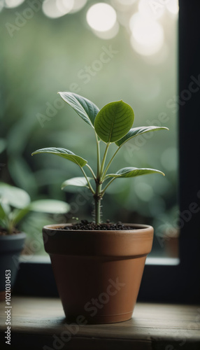 Wallpaper Mural Young Potted Plant on Wooden Table Near Sunlit Window Torontodigital.ca