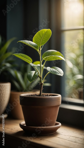 Young Potted Plant on Wooden Table Near Sunlit Window