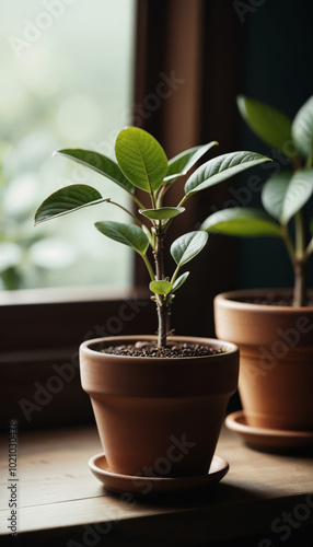 Wallpaper Mural Young Potted Plant on Wooden Table Near Sunlit Window Torontodigital.ca