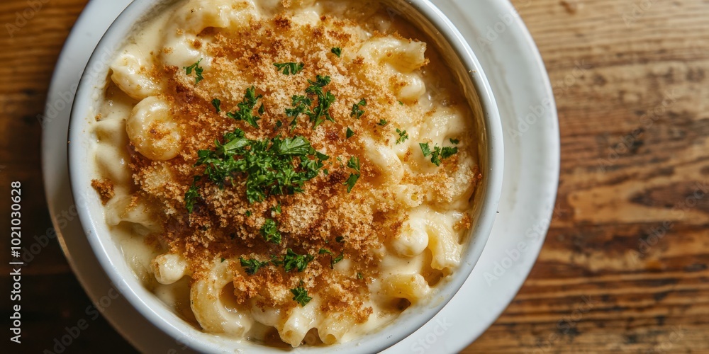 Rich and creamy mac and cheese topped with golden breadcrumbs and fresh herbs in a white bowl. Rich and creamy mac and cheese topped with golden breadcrumbs and fresh herbs in a white bowl.