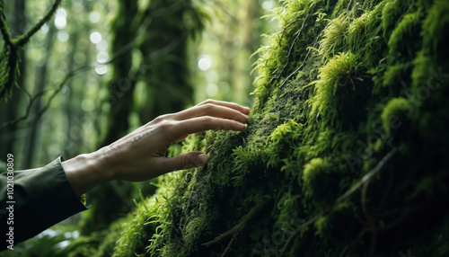 Wallpaper Mural Hand Touching Moss-Covered Tree in Serene Forest Torontodigital.ca