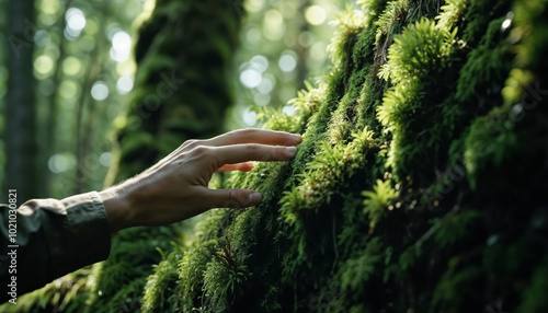 Hand Touching Moss-Covered Tree in Serene Forest