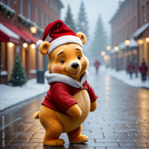 Cartoon Bear in Santa Hat on Snowy Christmas Street