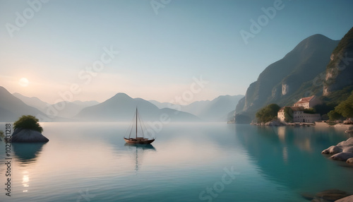 Wallpaper Mural Tranquil Sailboat on Serene Mountain Lake at Sunset Torontodigital.ca