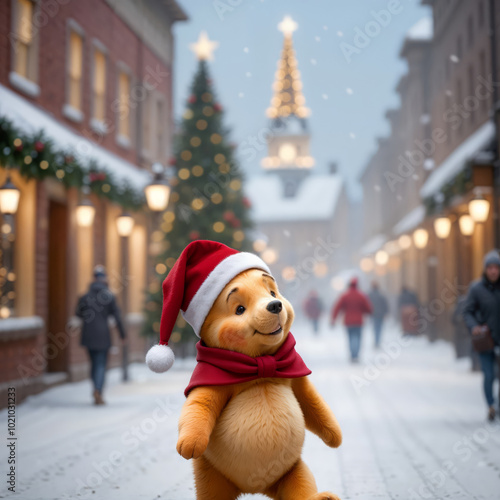 Wallpaper Mural Cartoon Bear in Santa Hat on Snowy Christmas Street Torontodigital.ca