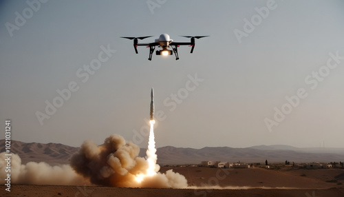 Wallpaper Mural Drone Flying in Desert Landscape with Explosion in Background Torontodigital.ca