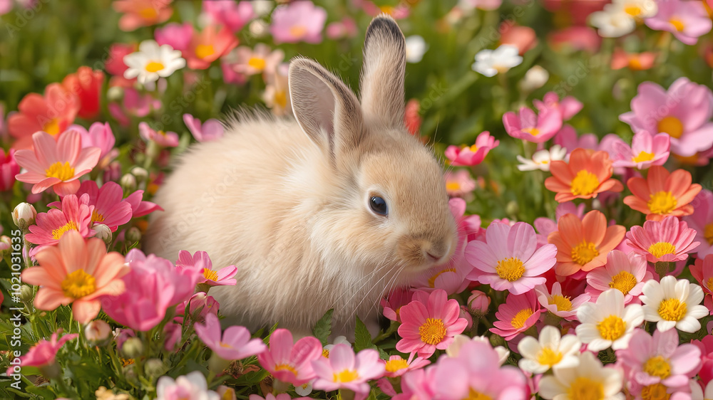 Fototapeta premium Rabbit Among Spring sitting in a patch of colorful spring flowers. The soft fur contrasts with the vibrant petals around it, creating a picturesque and peaceful nature scene, Ai Generator.