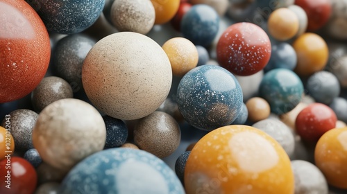 Colorful abstract composition featuring various textured spheres scattered across a dark surface in a visually engaging arrangement