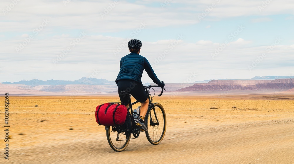 Fototapeta premium A cyclist rides through a vast desert landscape, showcasing adventure, freedom, and exploration against a stunning natural backdrop.