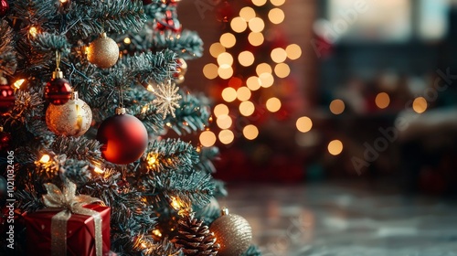 Close-up of decorated Christmas tree with ornaments and lights