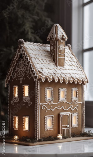 generated illustration of luxury gingerbrean house as decoration against christmas tree photo