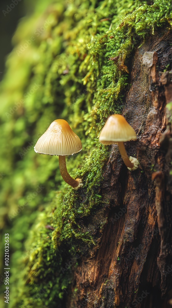 A close-up of two small mushrooms growing on the side of an old tree trunk, with moss covering its base and a blurred background A close-up of two small mushrooms growing on the side of an old tree trunk, with moss covering its base and a blurred background