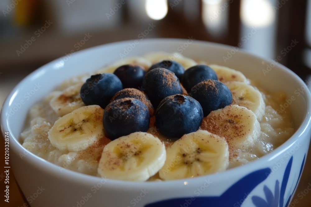 Bowl of creamy oatmeal topped with fresh banana slices and blueberries sprinkled with cinnamon. Bowl of creamy oatmeal topped with fresh banana slices and blueberries sprinkled with cinnamon.