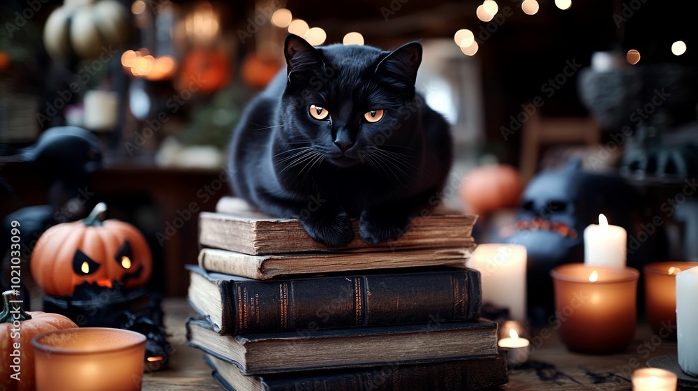 custom made wallpaper toronto digitalA black cat lounging on stacked books amid Halloween decorations and candles.