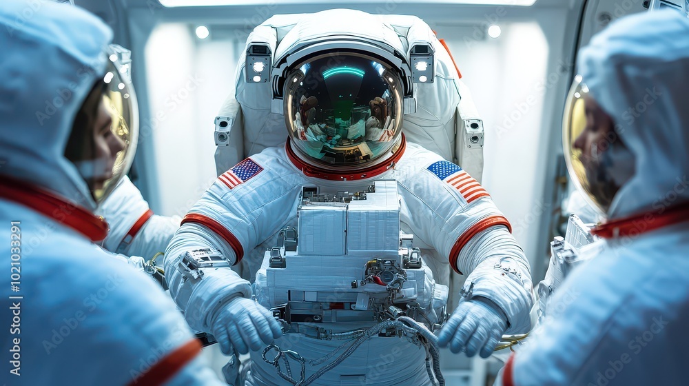 A group of astronauts preparing for a mission in a futuristic spacecraft, showcasing advanced technology and teamwork. A group of astronauts preparing for a mission in a futuristic spacecraft, showcasing advanced technology and teamwork.