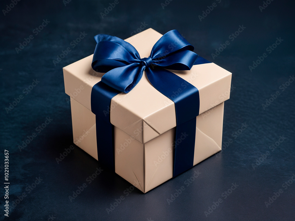 Elegant small gift box with a blue ribbon positioned on a dark blue surface - generated by ai Elegant small gift box with a blue ribbon positioned on a dark blue surface - generated by ai
