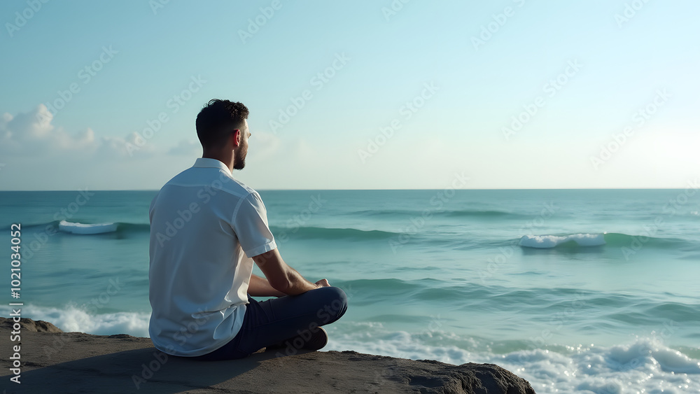 Tranquil Reflections: A Man Sitting on the Edge of a Serene Ocean Lost in Thought Tranquil Reflections: A Man Sitting on the Edge of a Serene Ocean Lost in Thought