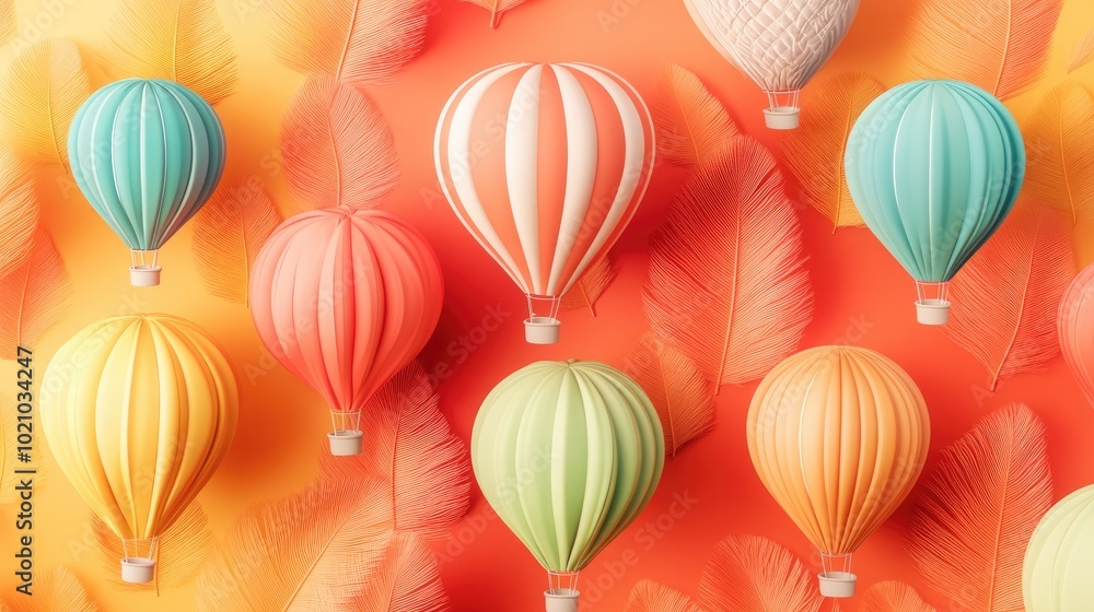 Fototapeta premium 3D-rendered hot air balloons in different colors arranged in a seamless pattern against a feathered paper background,