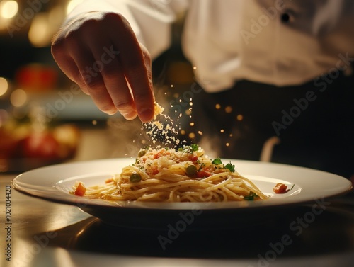 Chef sprinkles cheese over freshly cooked spaghetti on a white plate, creating an inviting and elegant dining experience.
