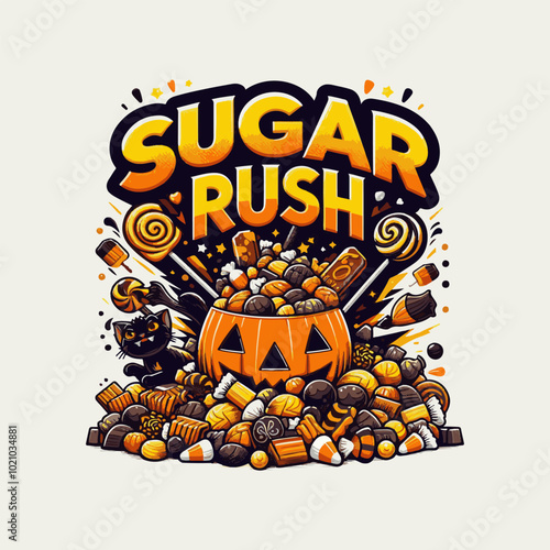 Sugar Rush quote illustration for t shirt design. Halloween Candy Rush vector editable eps file for printing.  candy with black cat