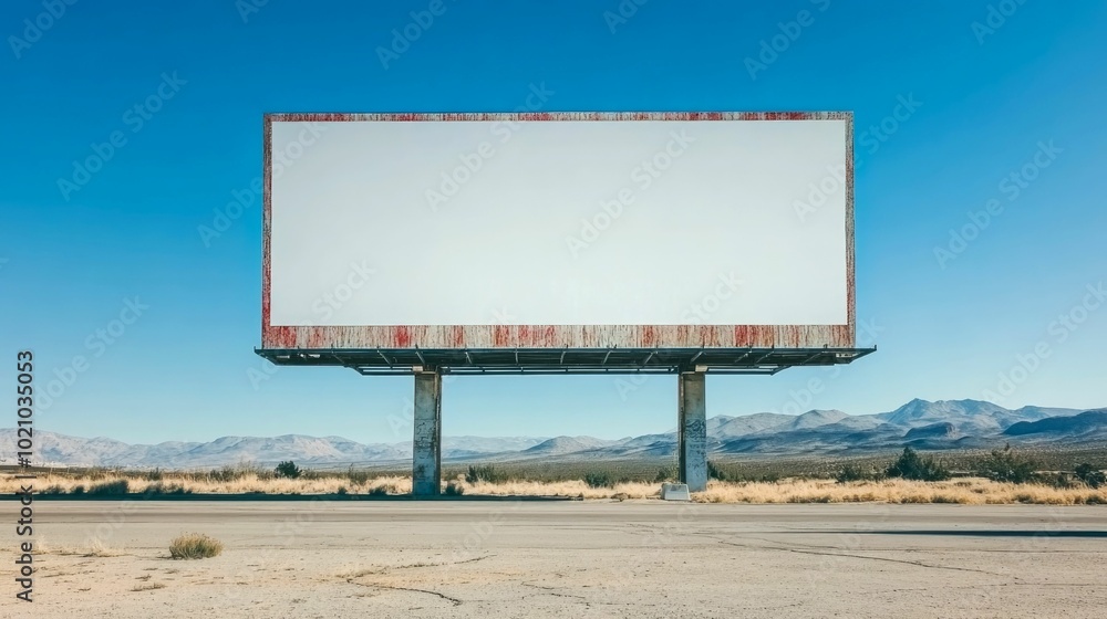 Obraz premium A blank billboard stands in a desert landscape under a clear blue sky.