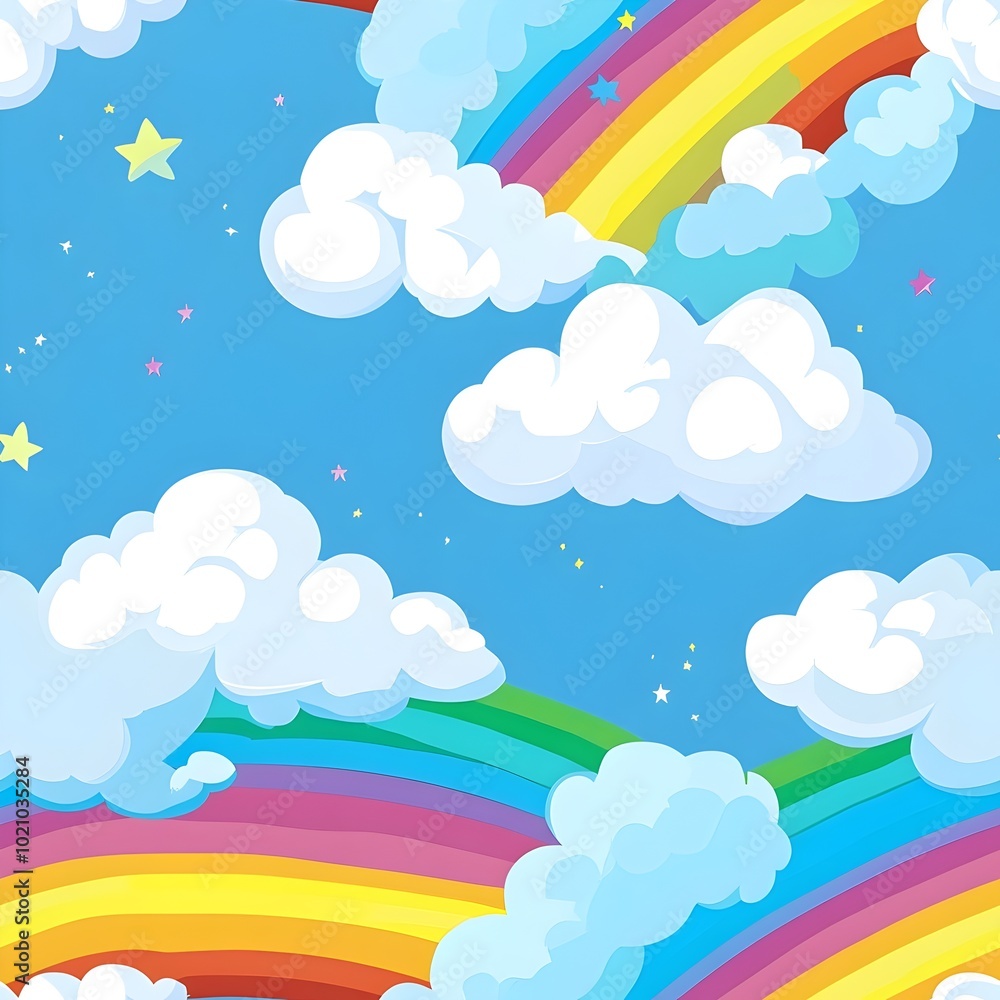Fototapeta premium Sky rainbow clounds with seamless pattern