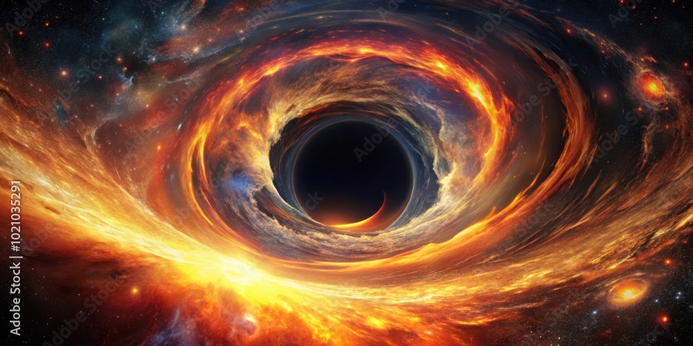 Fiery cosmic vortex swirling through space, creating a mesmerizing black hole backdrop Fiery cosmic vortex swirling through space, creating a mesmerizing black hole backdrop