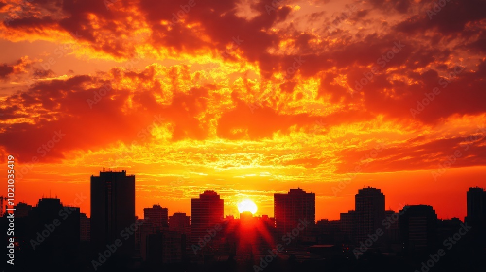 A vibrant city skyline silhouette against a dramatic orange sunset with striking clouds. A vibrant city skyline silhouette against a dramatic orange sunset with striking clouds.